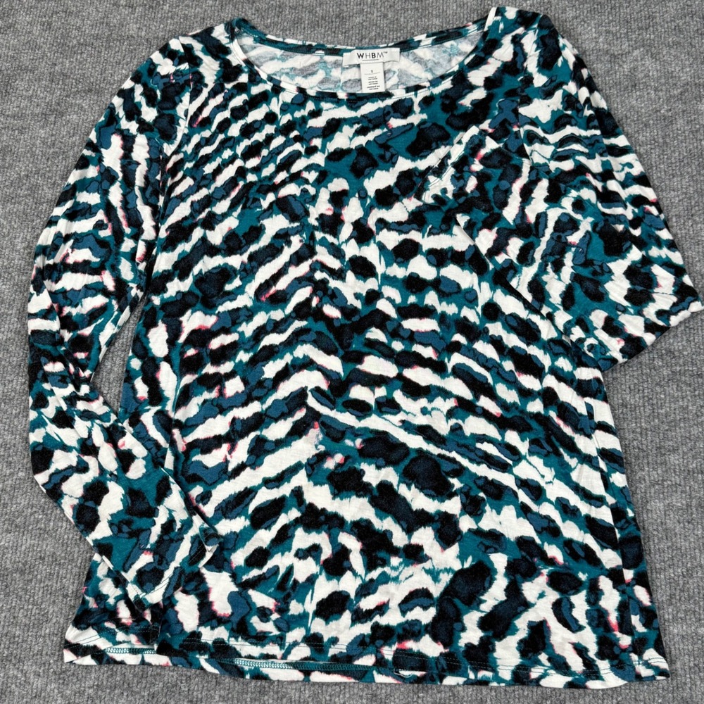 WHBM Womens Long Sleeve Abstract Print Top Sz Small Stretch Soft Art Scoop Neck